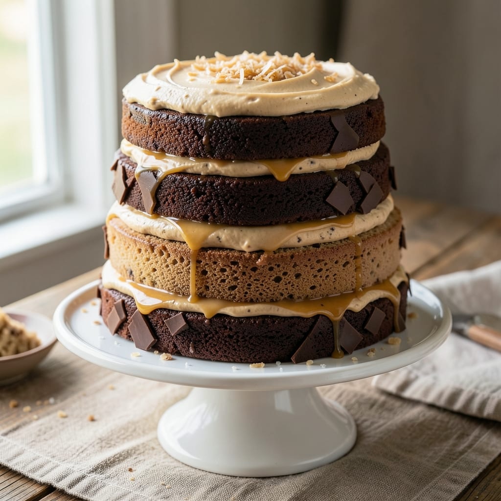 3 Layer German Chocolate Cake Recipe From Scratch: Walnut-Studded Spice Layers and Cream Cheese Frosting Rivers