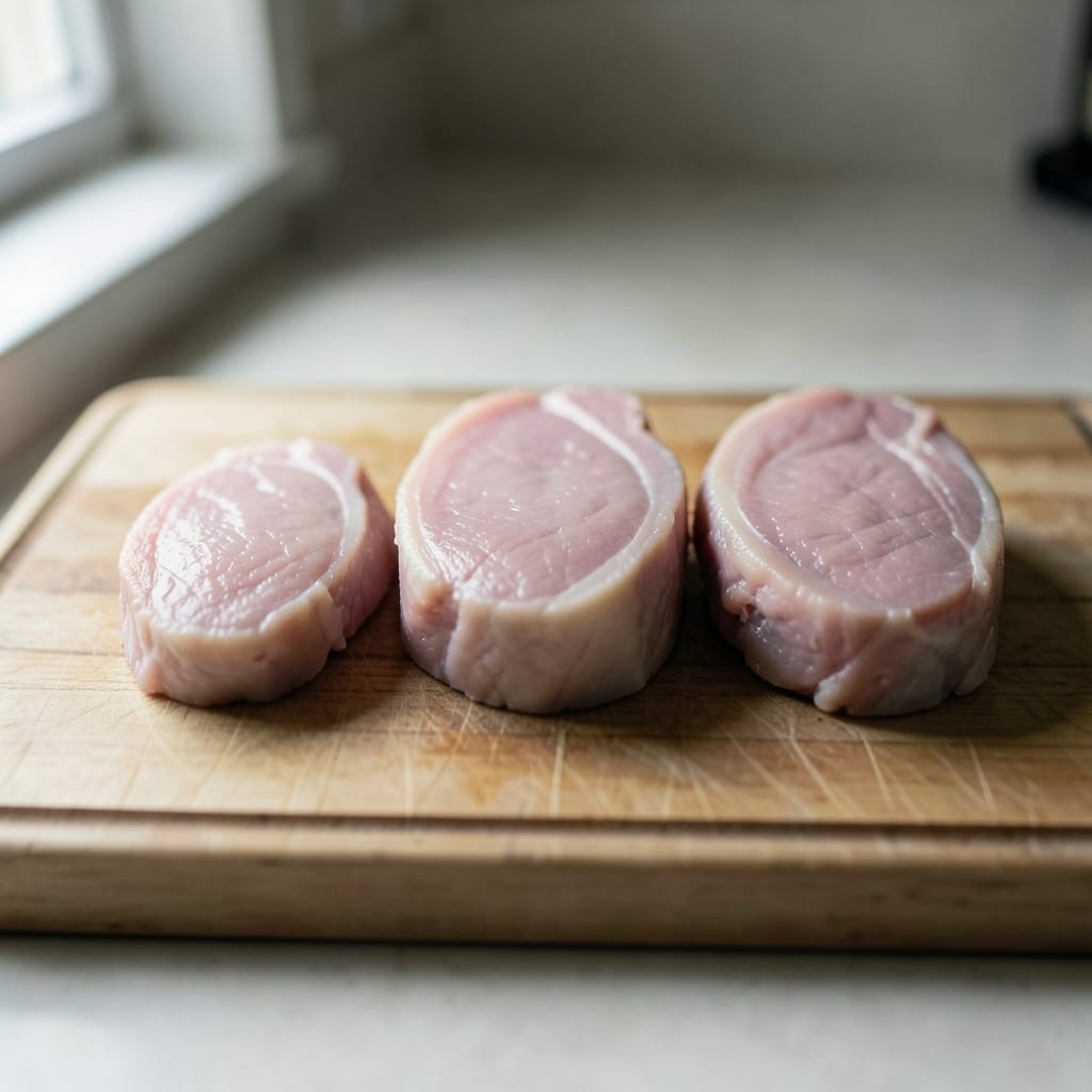 Three chops of different thickness, ready to be tested